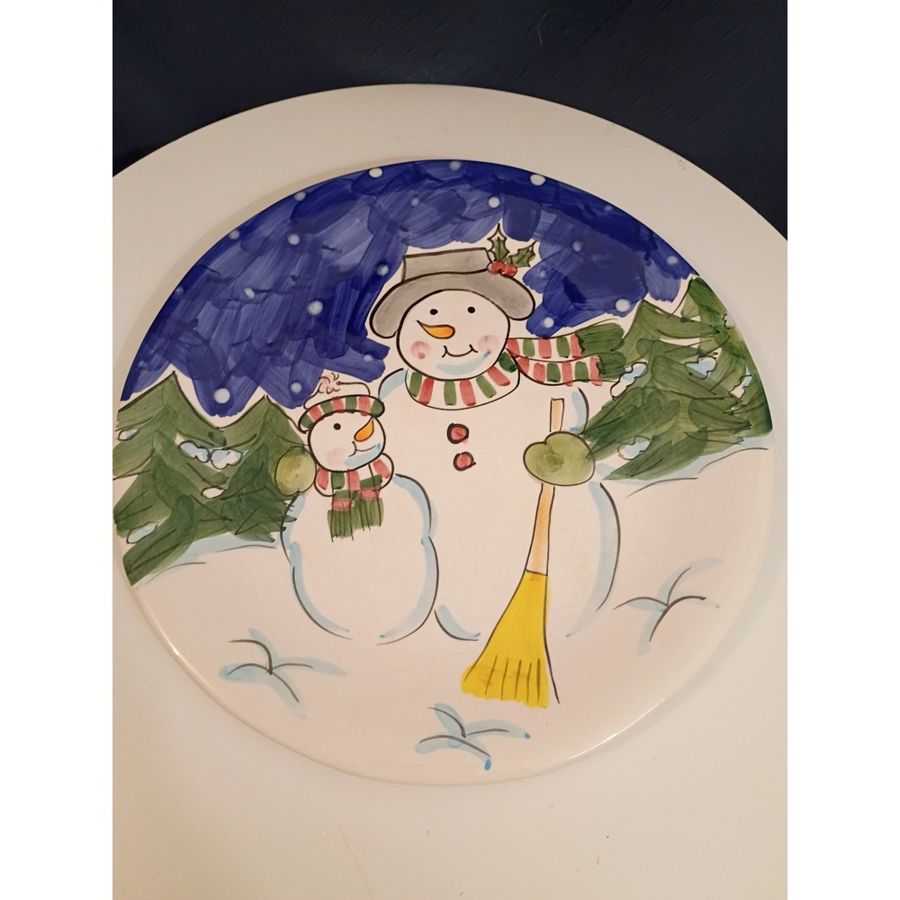 World Bazaars Ceramic Snowman Round Platter Holiday Christmas Serving Plate